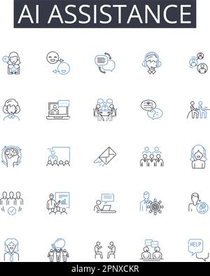 AI assistance line icons collection. Automated help, Digital support, Smart guidance, Virtual aid, Intelligent backing, Modern assistance, Robotic Stock Vector