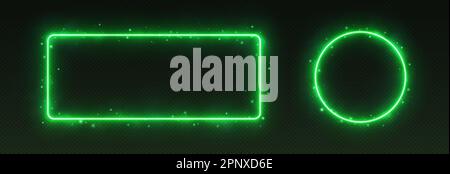 Green neon frames with smoke and sparkles, glowing borders. Stock Vector