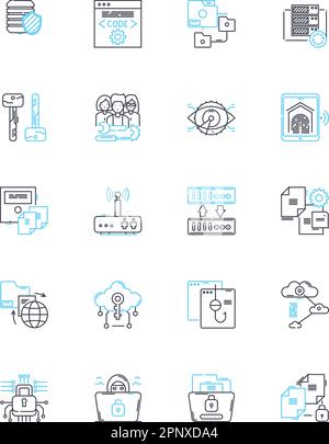 Cloud security linear icons set. Encryption, Firewall, Authentication, Malware, Vulnerability, Access, Privacy line vector and concept signs. Audit Stock Vector