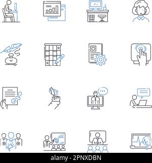 Lecture line icons collection. Presentation, Seminar, Lesson, Workshop, Discussion, Talk, Address vector and linear illustration. Demonstration Stock Vector