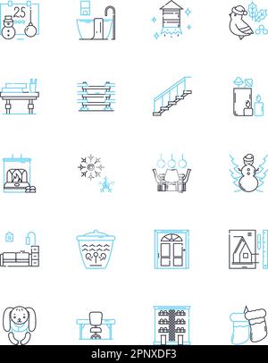 Interior embellishments linear icons set. Cushions, Arrk, Mirrors, Upholstery, Rugs, Wallpaper, Lamps line vector and concept signs. Curtains Stock Vector