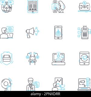 Online branding linear icons set. Identity, Perception, Authority, Credibility, Reputation, Visibility, Trust line vector and concept signs. Loyalty Stock Vector