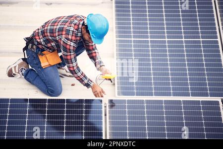 Black man, solar panel inspection and renewable energy, sustainability and eco friendly technology. Maintenance check, male engineer and Stock Photo