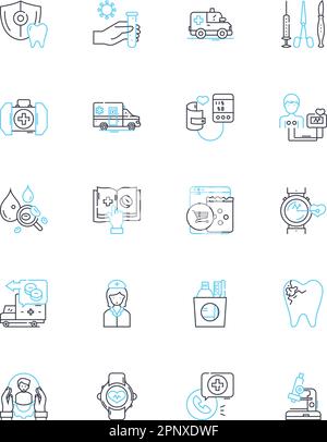 Dental procedures linear icons set. Extraction, Braces, Implant, Filling, Crown, Cleaning, Whitening line vector and concept signs. Root canal,Bonding Stock Vector