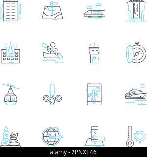 Occupation expeditions linear icons set. Exploration, Adventure, Discovery, Trekking, Mountaineering, Expeditionary, Research line vector and concept Stock Vector