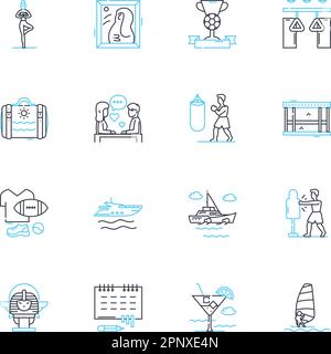 Physical hobbies linear icons set. Yoga, Running, Cycling, Swimming, Hiking, Climbing, Weightlifting line vector and concept signs. Boxing,Dancing Stock Vector