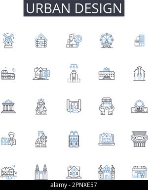 Urban design line icons collection. Innovation, Creativity, Inspiration, Expansion, Exploration, Visualization, Clarity vector and linear illustration Stock Vector