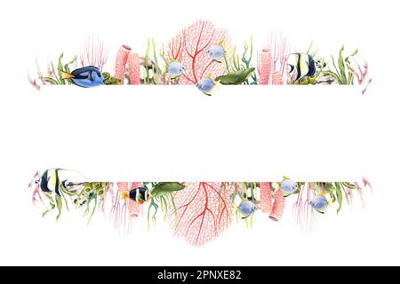 Horizontal banner with underwater corals, plants and tropical fish. Hand drawn watercolor illustration isolated on white Stock Photo