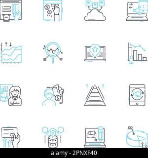 Multilevel advertising linear icons set. Pyramid, Downline, Nerk, Distributor, Commission, Compensation, Recruit line vector and concept signs. Sales Stock Vector