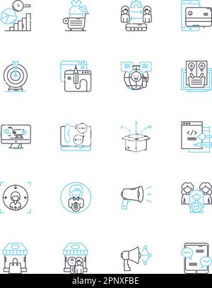Brand strategy linear icons set. Positioning, Identity, Differentiation, Perception, Storytelling, Consistency, Authenticity line vector and concept Stock Vector