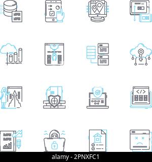 Web computing linear icons set. Browser, HTML, JavaScript, CSS, Server, Database, API line vector and concept signs. Cloud,FTP,Hosting outline Stock Vector
