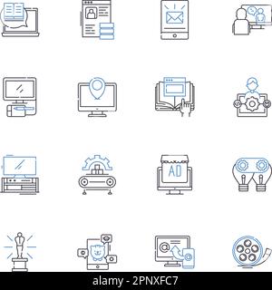 Entertainment studio line icons collection. Productions, Studios, Cinema, Films, Media, Streaming, Showbiz vector and linear illustration. Music Stock Vector
