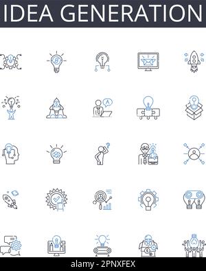 Idea generation line icons collection. Brainstorming session, Conceptualization creation, Innovation initiation, Originality inception, Perception Stock Vector