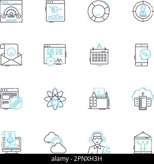 Website development linear icons set. Coding, Design, Optimization, Interface, Backend, Frontend, Debugging line vector and concept signs. Frameworks Stock Vector