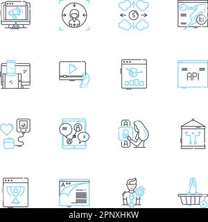 Search engine linear icons set. Google, Bing, Yahoo, DuckDuckGo, Search, SEO, Algorithm line vector and concept signs. Ranking,Indexing,Crawling Stock Vector