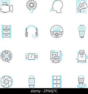 Interactive games linear icons set. Fun, Exciting, Engaging, Challenging, Addictive, Multidimensional, Immersive line vector and concept signs Stock Vector