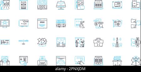 Electronic equipment linear icons set. Gadgets, Devices, Technology, Automation, Compnts, Cybersecurity, Robotics line vector and concept signs Stock Vector