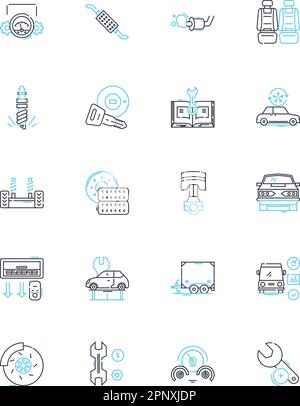 Automobile Servicing linear icons set. Maintenance, Repairs, Servicing, Oil changes, Brakes, Tires, Alignment line vector and concept signs Stock Vector