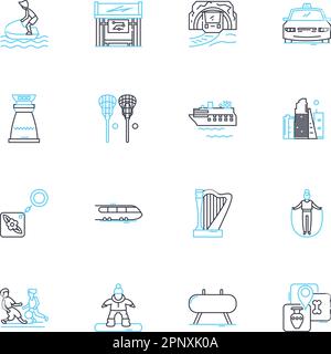 Al fresco recreation linear icons set. Picnic, Grilling, Hiking, Cycling, Camping, Swimming, Boating line vector and concept signs. Fishing,Playing Stock Vector