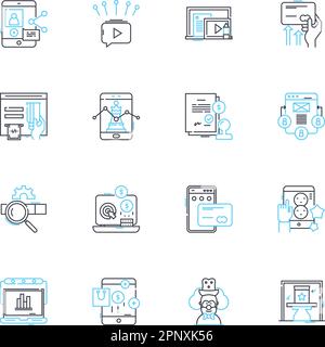Tech realm linear icons set. Innovation, Disruption, Automation, Blockchain, Virtualization, Cybersecurity, Cloud line vector and concept signs Stock Vector