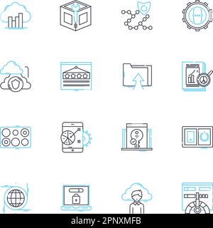 Virtual platform linear icons set. Virtuality, Cyberworld, Digitalization, Simulacrum, Cyberspace, Synthetic, Emulation line vector and concept signs Stock Vector