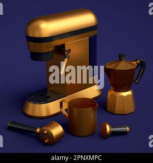 Espresso coffee machine with horn and geyser coffee maker on blue background. Stock Photo