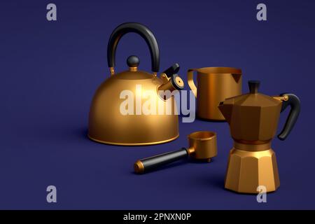 Espresso coffee machine with horn, kettle and geyser coffee maker on blue . Stock Photo