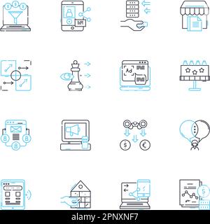 Paid search linear icons set. PPC, AdWords, SEM, BingAds, Cost-per-click, Displayads, Keyword line vector and concept signs. Qualityscore,Remarketing Stock Vector