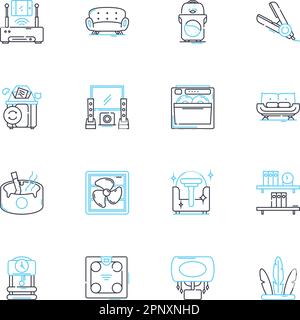 Domestic electronics linear icons set. Television, Kitchen, Vacuum, Blender, Heaters, Humidifier, Hairdryer line vector and concept signs. Iron,Fan Stock Vector