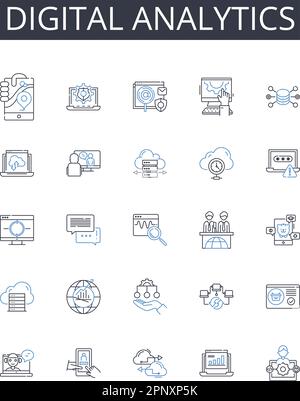 Digital analytics line icons collection. Information technology, Social media, Online programming, Data management, Internet marketing, Artificial Stock Vector