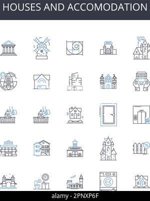 Houses and accomodation line icons collection. Residences, Dwellings, Homes, Apartments, Condos, Cottages, Bungalows vector and linear illustration Stock Vector