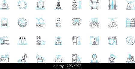 Manufacturing industry linear icons set. Automation, Assembly, Production, Fabrication, Machining, Quality, Packaging line vector and concept signs Stock Vector