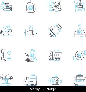 Auto maintenance industry linear icons set. Engine, Suspension, Brakes, Tires, Transmission, Filters, Oil line vector and concept signs. Battery,Belt Stock Vector