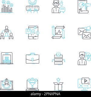 Content promotion linear icons set. Outreach, Promotion, Syndication, Amplification, Advertising, Social, Influencer line vector and concept signs Stock Vector