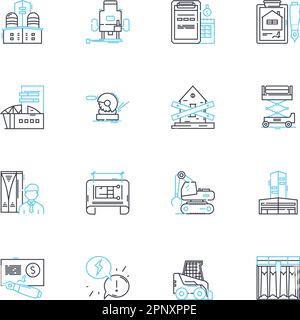 Municipal construction linear icons set. Infrastructure, Development, Urbanization, Planning, Engineering, Building, Reconstruction line vector and Stock Vector