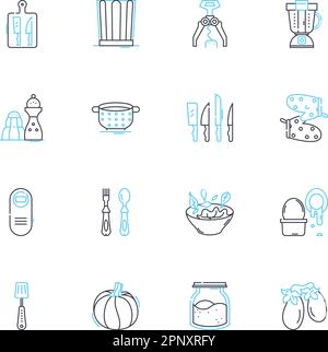 Dishware linear icons set. Plate, Bowl, Cup, Saucer, Spoon, Fork, Knife line vector and concept signs. Platter,Serving dish,Charger outline Stock Vector