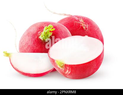 Isolated group of radishes. Raw two whole, half and piece of radish vegetables solated on white background with clipping path Stock Photo