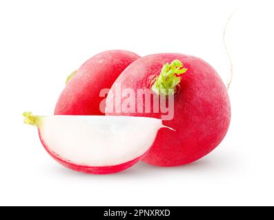 Isolated radishes. Raw two radish vegetables with slice isolated on white background with clipping path Stock Photo