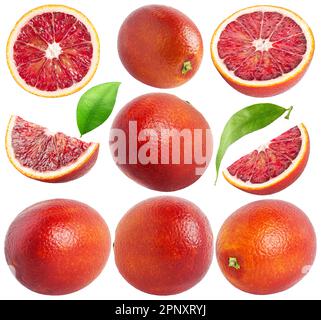 Isolated blood oranges. Collection of whole and cut red oranges of different shapes, leaves isolated on white background with clipping path Stock Photo