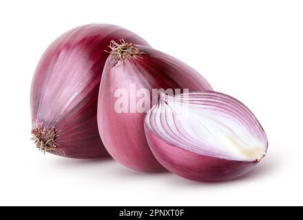 Isolated onions. Two whole red onion and half isolated on white background, with clipping path Stock Photo