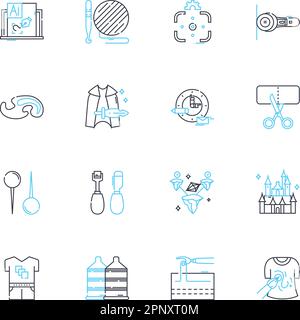 Toy store linear icons set. Playthings, Dolls, Action figures, Puzzles, Board games, Educational, Outdoor line vector and concept signs. Building Stock Vector