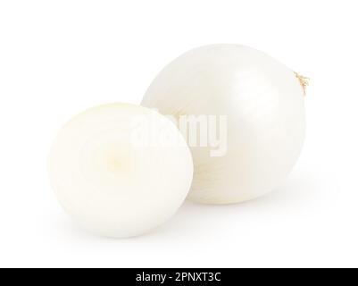 Isolated onions. Whole white onion with half isolated on white background with clipping path Stock Photo