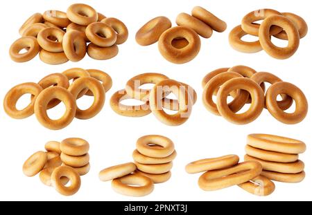 Collection of delicious bread bagels isolated on white background with clipping path Stock Photo