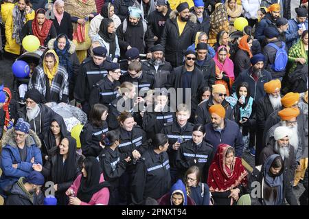 Gravesend, Kent, UK. Group of Volunteer Police Cadets in the crowd at the annual Vaisakhi celebrations in the town centre. 15th April 2023. Stock Photo