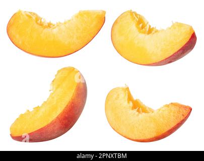 Isolated peaches. Collection of peach slices, pieces isolated on white background with clipping path Stock Photo