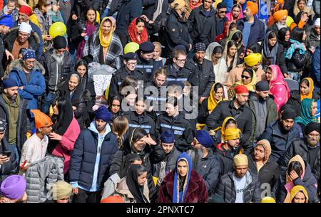 Gravesend, Kent, UK. Group of Volunteer Police Cadets in the crowd at the annual Vaisakhi celebrations in the town centre. 15th April 2023. Stock Photo