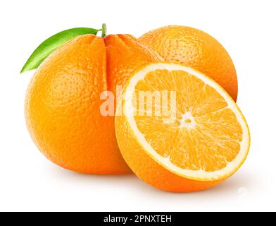Isolated oranges. Two whole orange fruit with half isolated on white background with clipping path Stock Photo