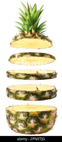 Isolated pineapple. Sliced falling pineapple fruit isolated on white background with clipping path Stock Photo