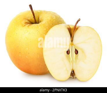 Isolated wet apples. Whole yellow (golden) apple fruit with half isolated on white, with clipping Stock Photo