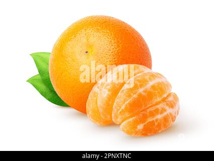 Isolated citrus fruits. Whole tangerine (mandarin) with leaves and segments isolated on white background with clipping path Stock Photo